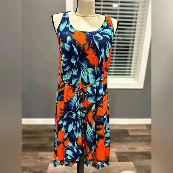 Anthropologie Maeve Sunset Hibiscus Dress Orange Blue Floral Hi Lo Size 2 Beach - Picture 1 of 7